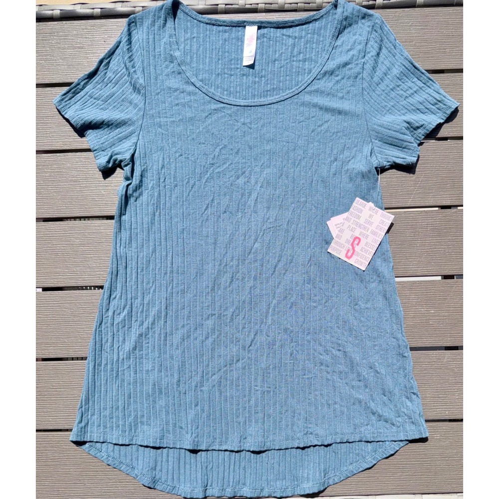 LuLaRoe Top Short Sleeve Ribbed Knit Scoop Neck Hi-Low Hem Teal Blue Small